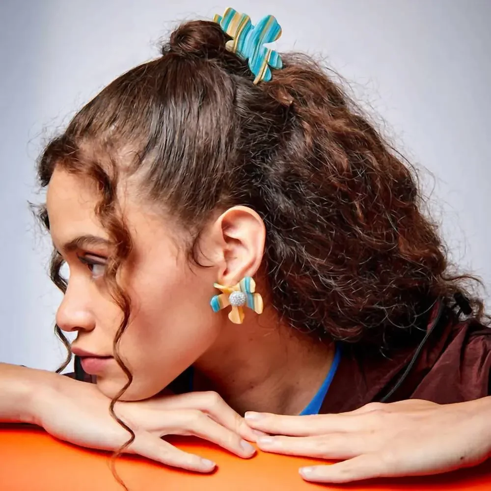 Lele Sadoughi Aqua and Cream Acrylic Flower Stud Earrings with Crystal Pavé